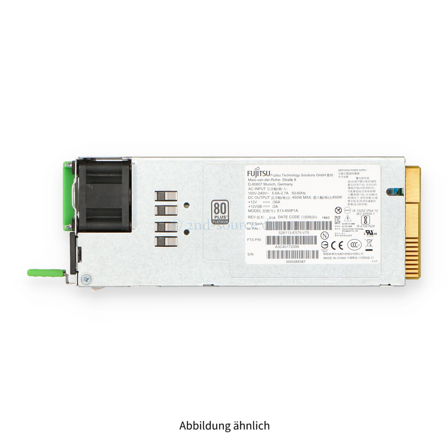 Fujitsu 450W HotPlug Power Supply S26113-F575-L13 S26113-E575-V70 A3C40172099 38042202