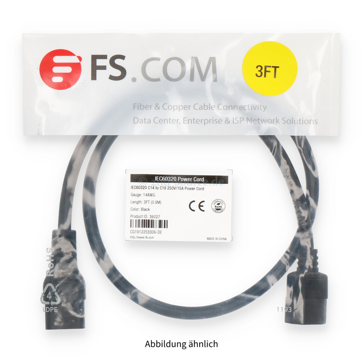 fs.com 0.90m C14 to C19 Power Extension Cord 36027
