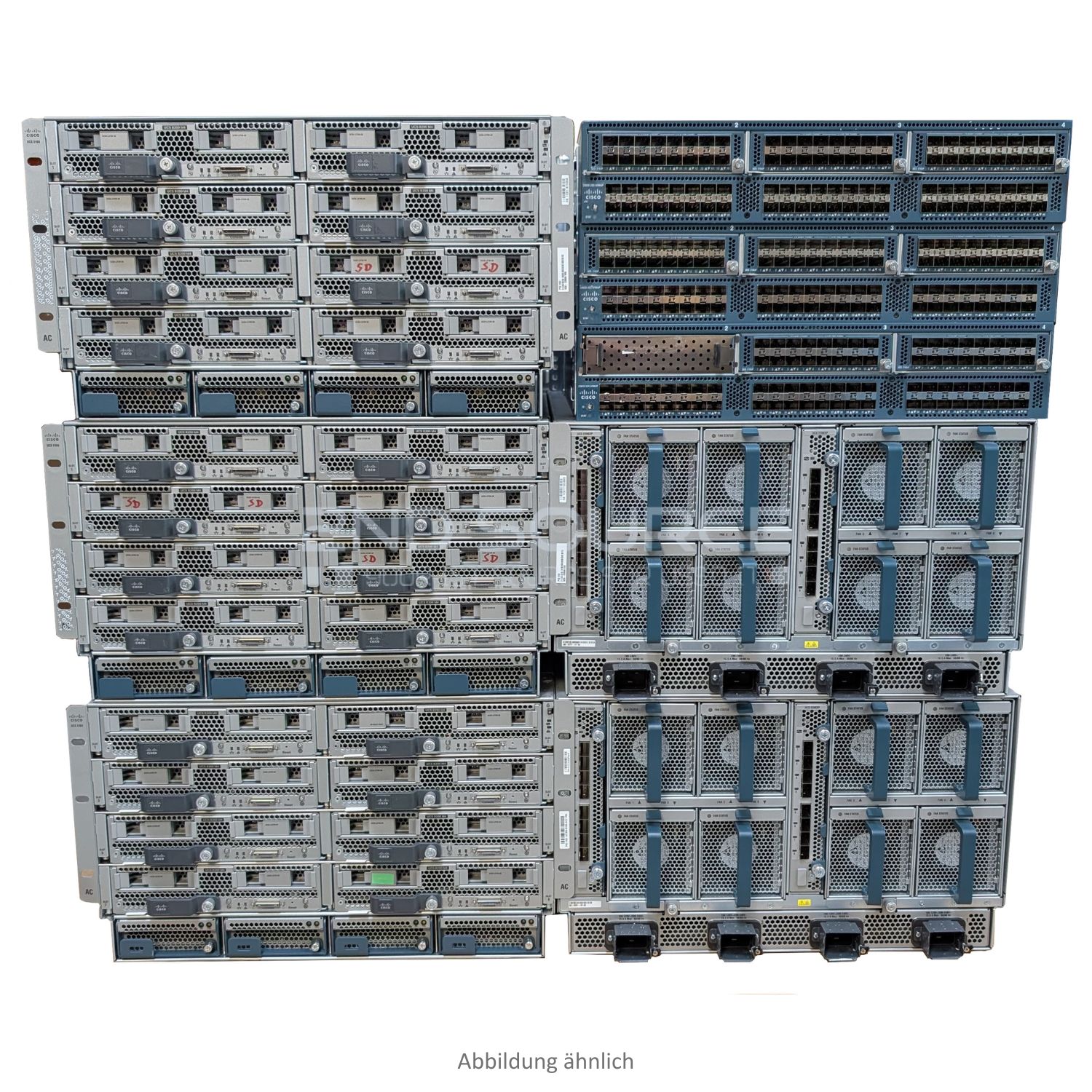 5x Cisco UCS 5108 Bladecenter mit 41x B200 M4 2P E5-2697 v3, 2x Nexus C2232PP Fabric Extender und 3x UCS 6296UP Switch